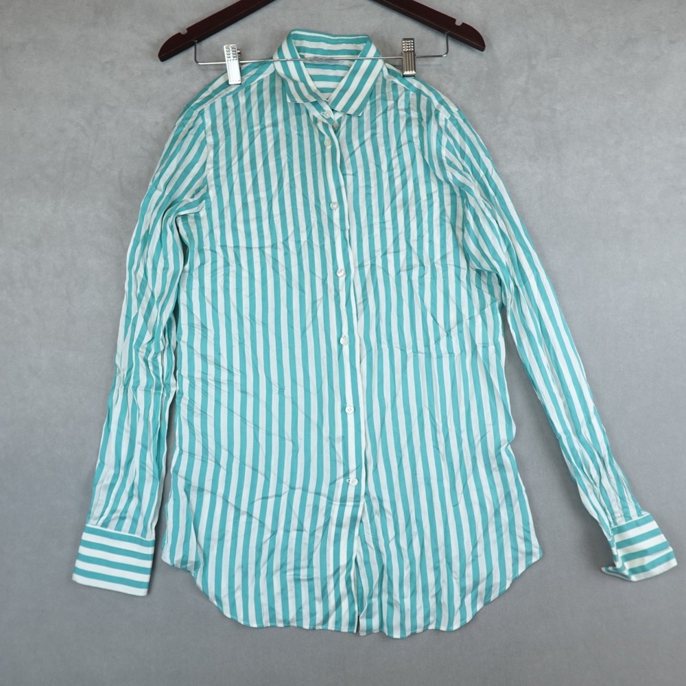 Loro Piana Blouse Silk Top Womens 42 Kara King Jade Striped Button Collar Shirt